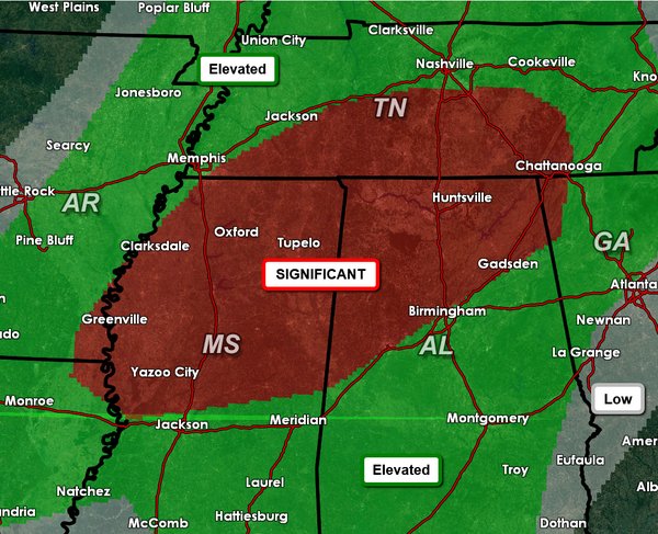 Zoomed in map on highest tornado threat area today: