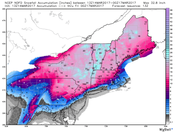 NDFD Snow Forecast via WeatherBell